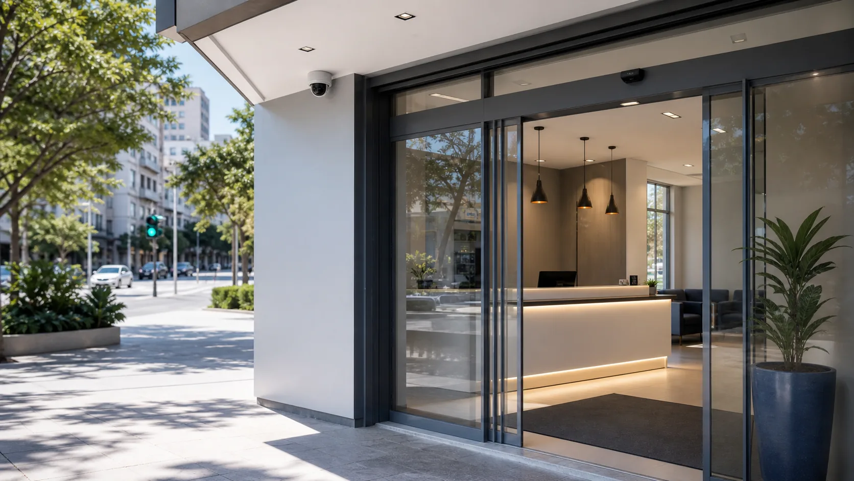 Entrada de estabelecimento comercial com câmera de segurança discreta